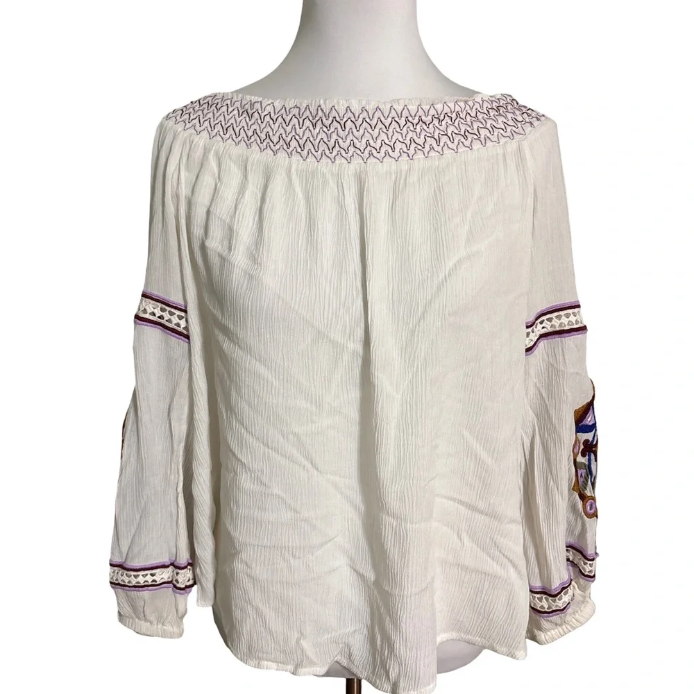 INC International Concepts Cream Blouse Purple Embroidery
